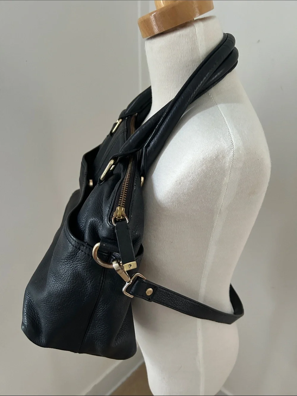 Calvin Klein Black Pebbled Leather Satchel with Gold Hardware